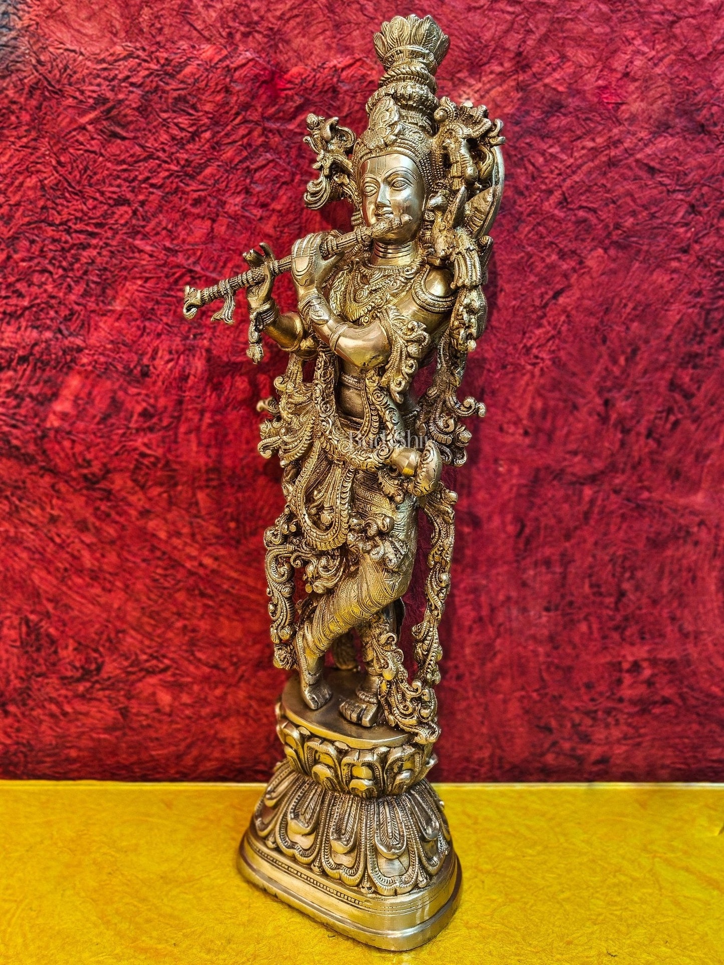 Brass Handcrafted Krishna Playing the Flute - Divine Melodic Splendor Glossy Gold 29"