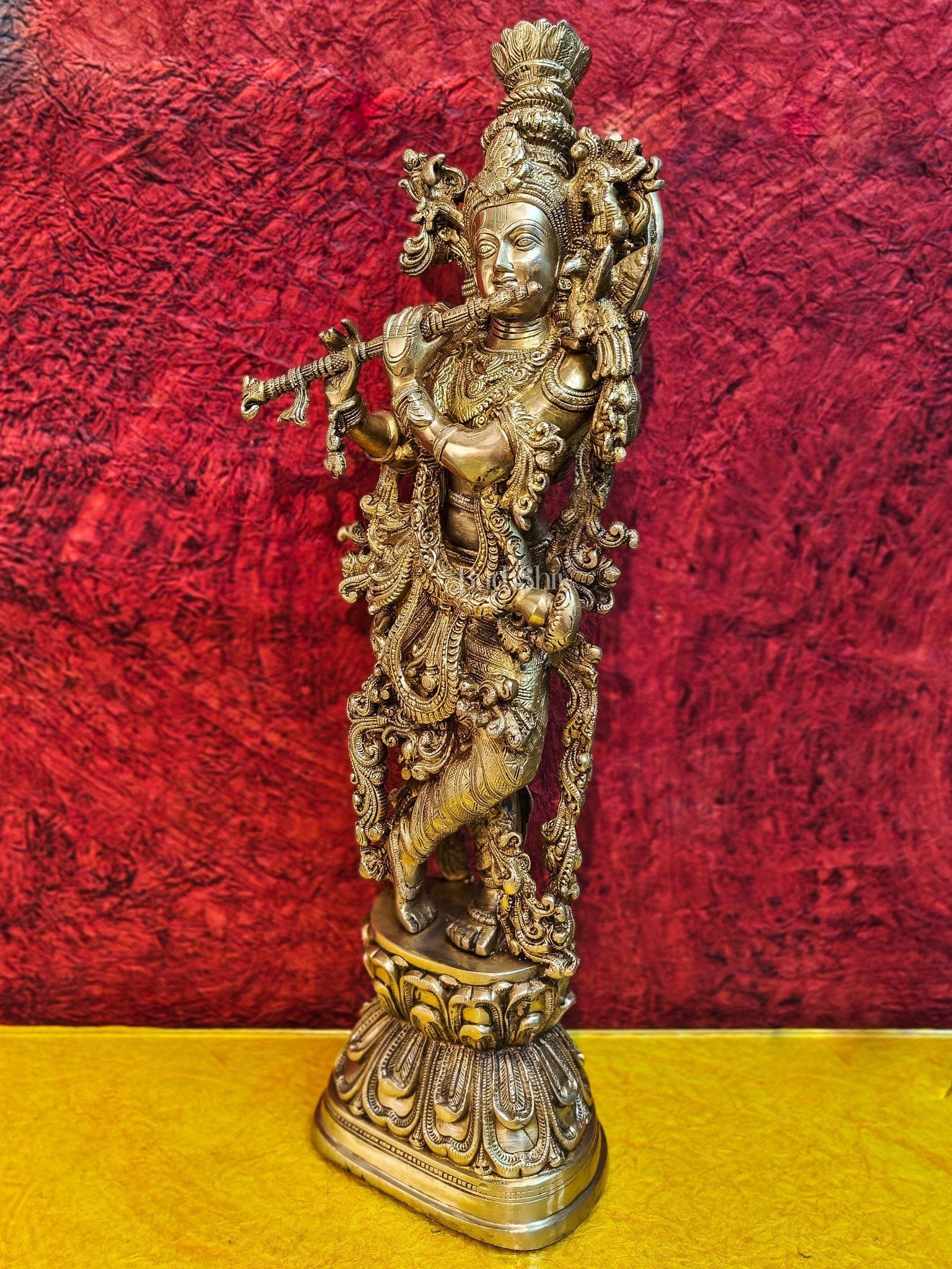 Brass Handcrafted Krishna Playing the Flute - Divine Melodic Splendor Glossy Gold 29"