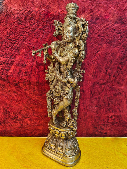 Brass Handcrafted Krishna Playing the Flute - Divine Melodic Splendor Glossy Gold 29"