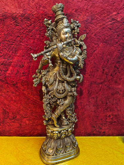 Brass Handcrafted Krishna Playing the Flute - Divine Melodic Splendor Glossy Gold 29"
