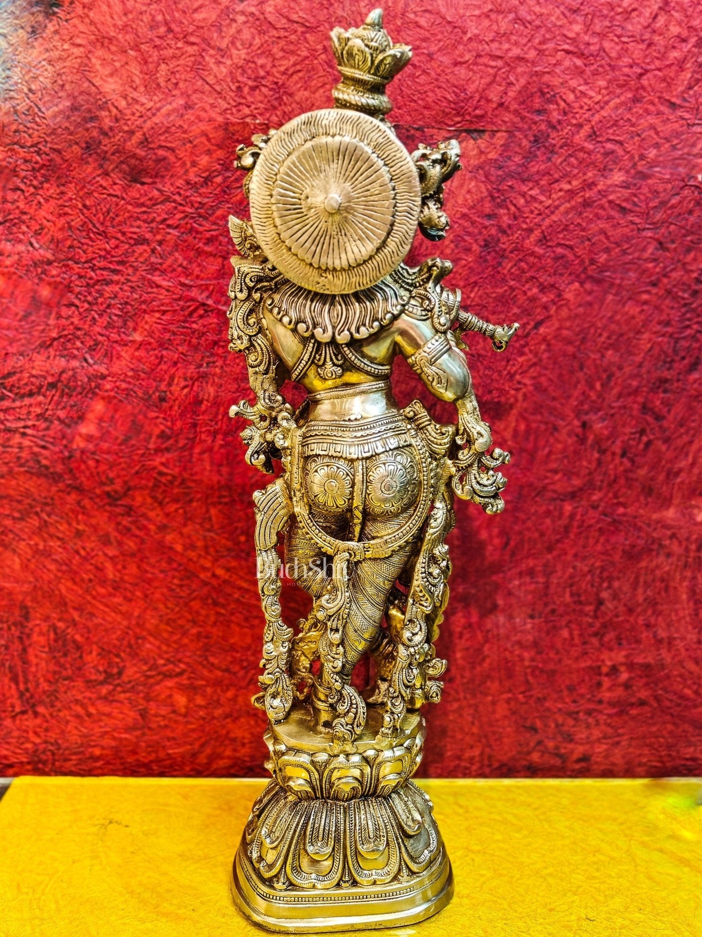 Brass Handcrafted Krishna Playing the Flute - Divine Melodic Splendor Glossy Gold 29"