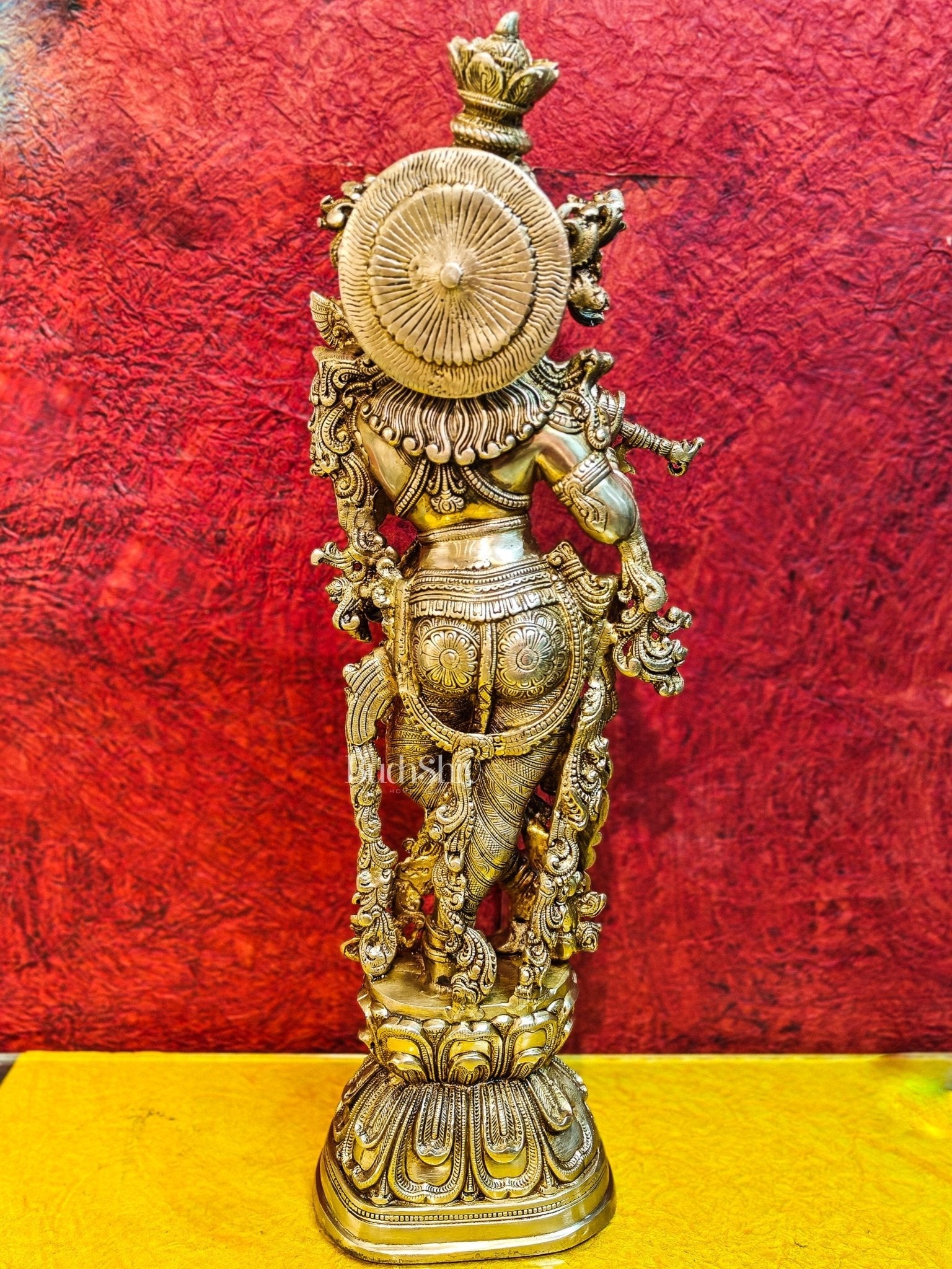 Brass Handcrafted Krishna Playing the Flute - Divine Melodic Splendor Glossy Gold 29"