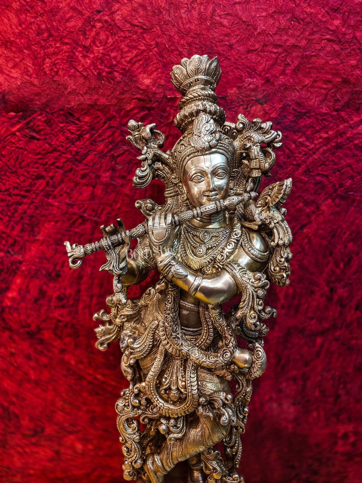 Brass Handcrafted Krishna Playing the Flute - Divine Melodic Splendor Glossy Gold 29"