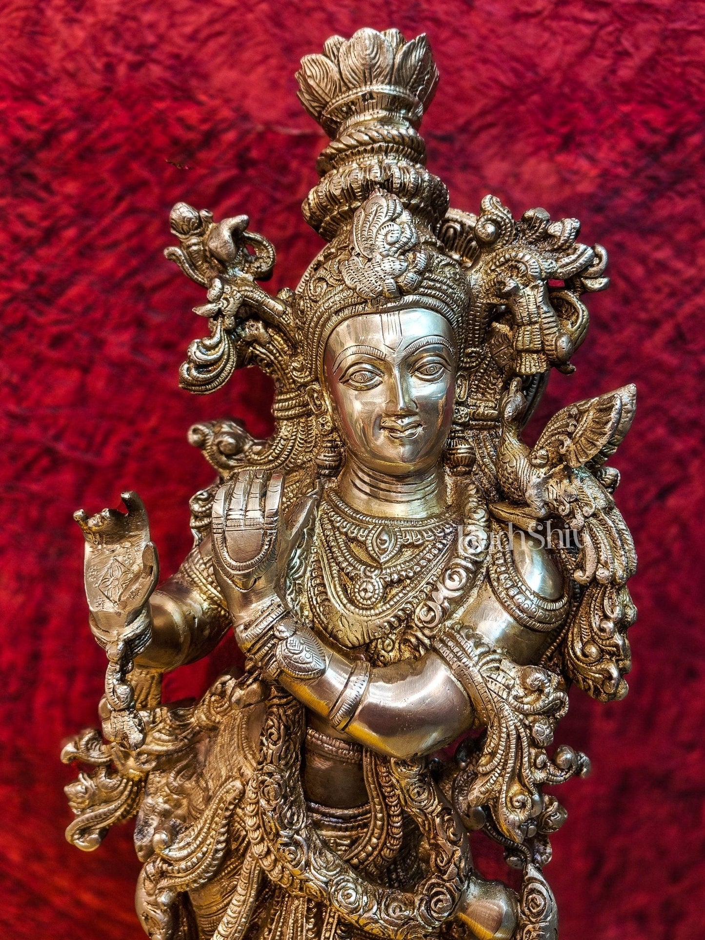 Brass Handcrafted Krishna Playing the Flute - Divine Melodic Splendor Glossy Gold 29"