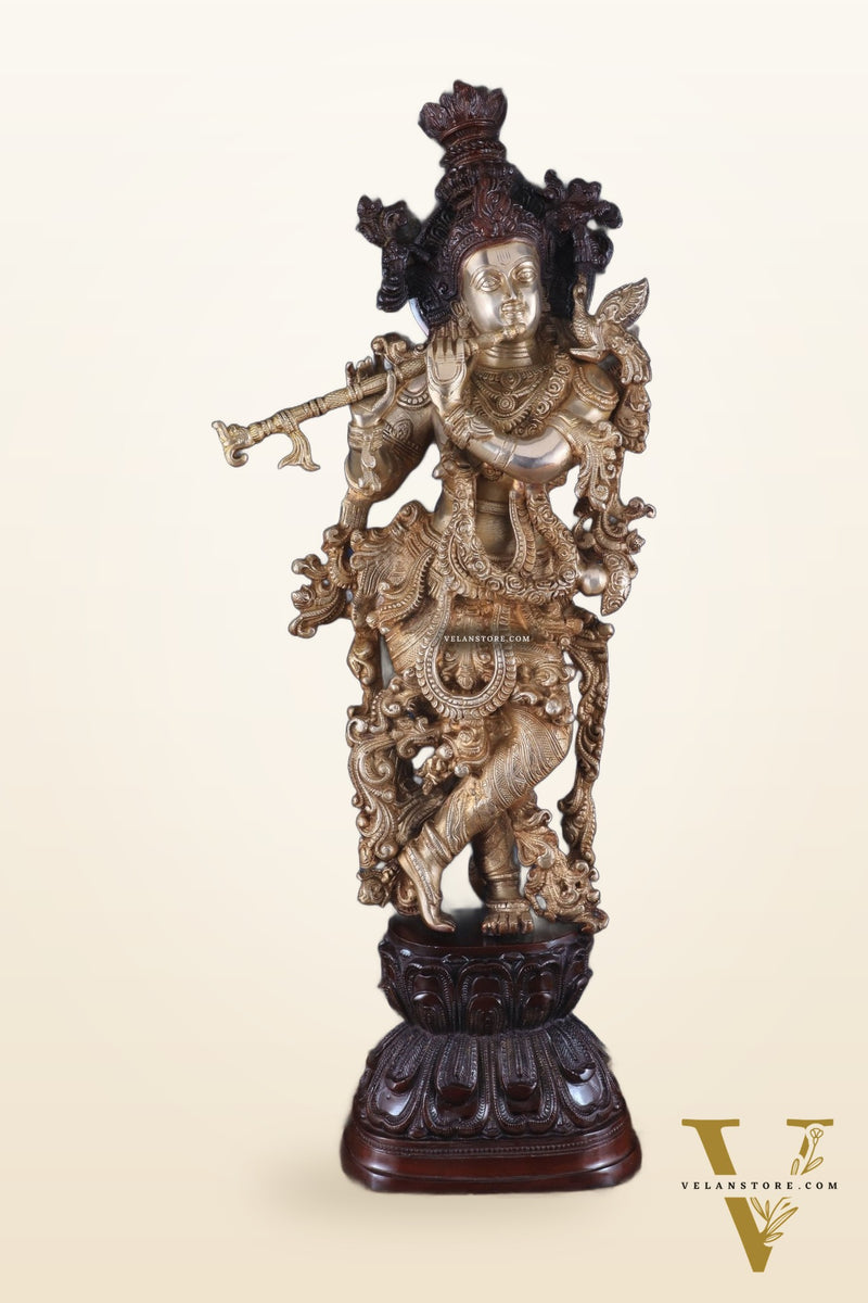 Brass Handcrafted Krishna Statue 30 inch dual tone