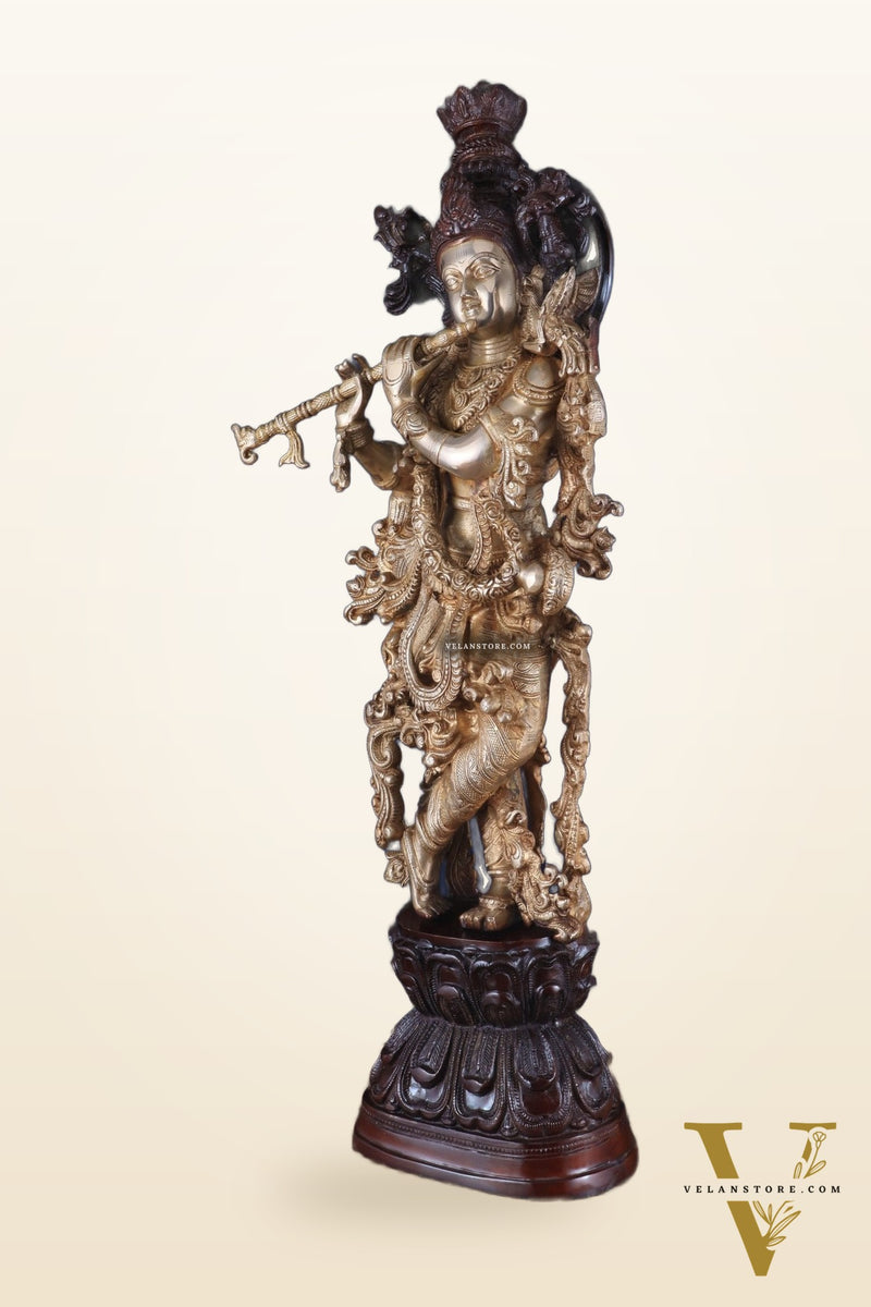 Brass Handcrafted Krishna Statue 30 inch dual tone