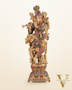Brass Handcrafted Krishna Statue - 30" jewel work