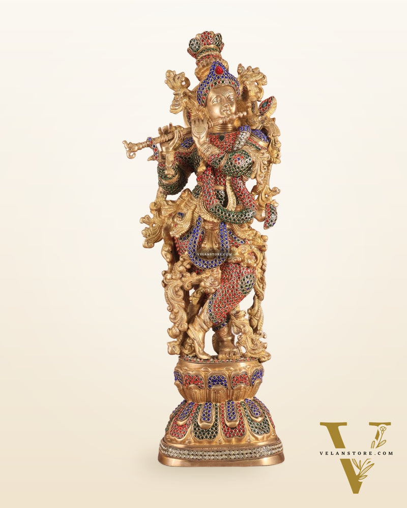 Brass Handcrafted Krishna Statue - 30" jewel work