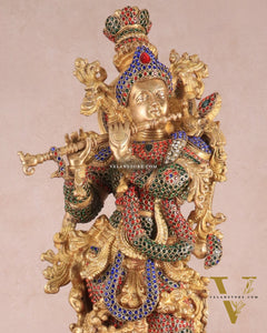 Brass Handcrafted Krishna Statue - 30" jewel work