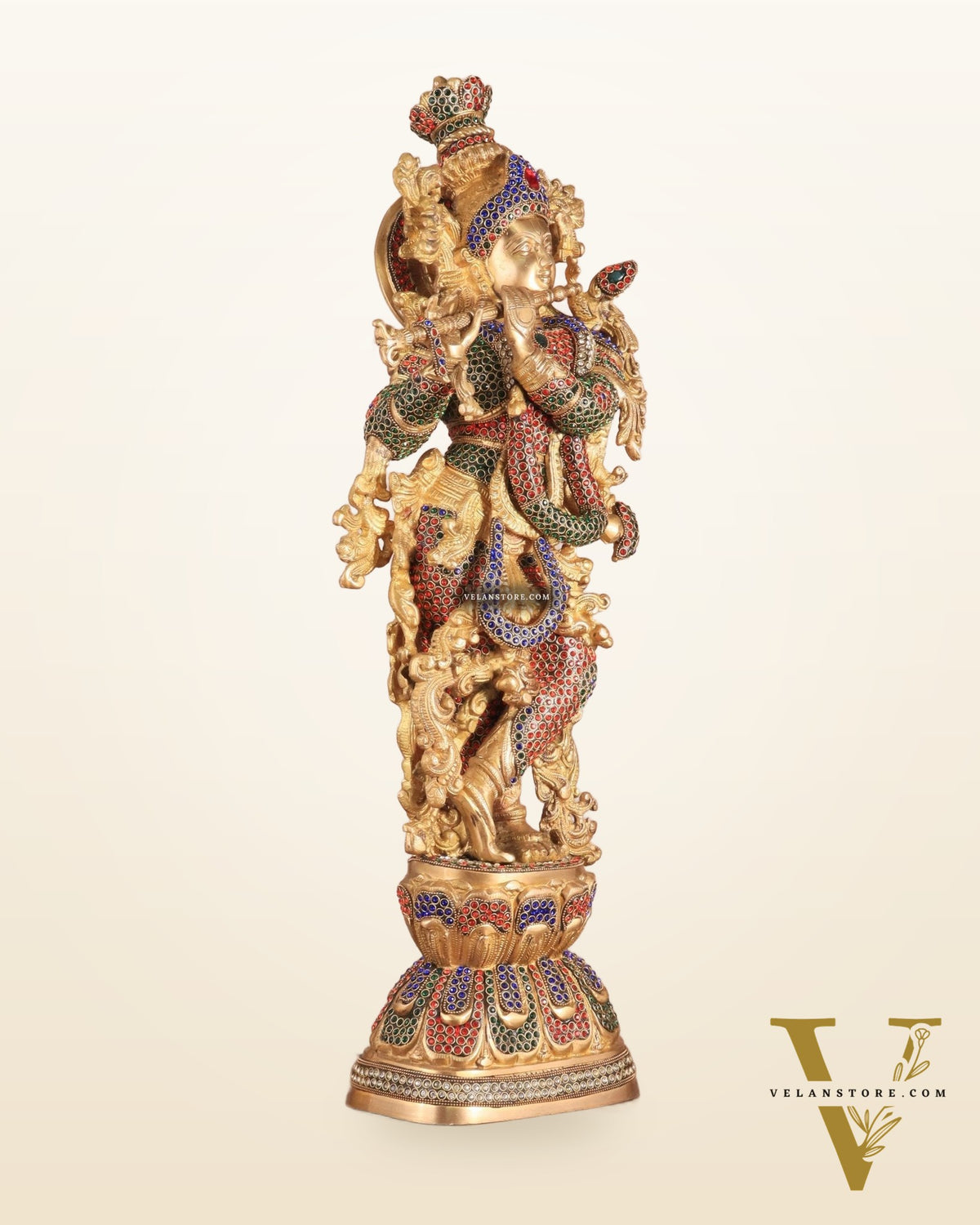 Brass Handcrafted Krishna Statue - 30" jewel work