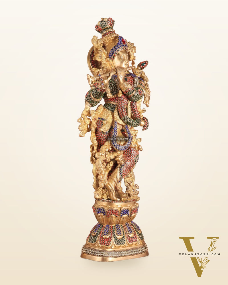 Brass Handcrafted Krishna Statue - 30" jewel work