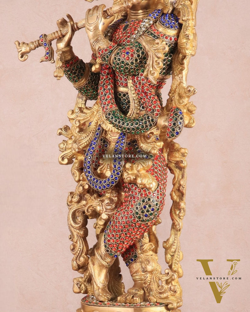 Brass Handcrafted Krishna Statue - 30" jewel work