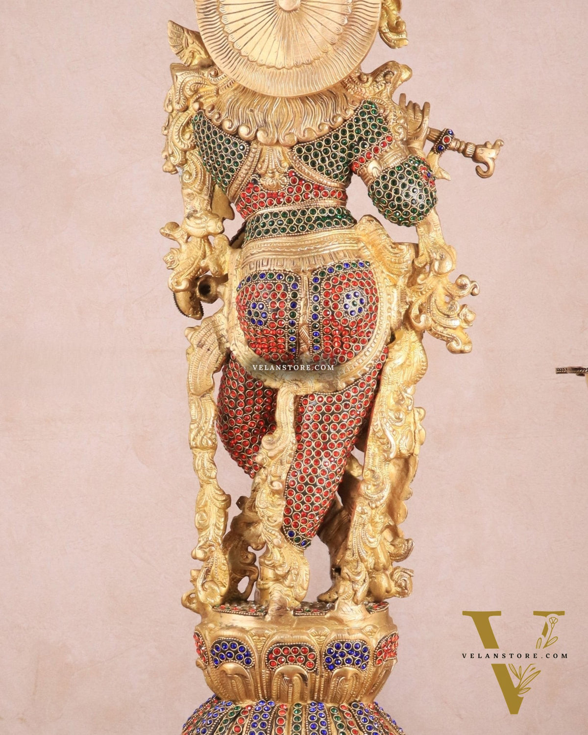 Brass Handcrafted Krishna Statue - 30" jewel work