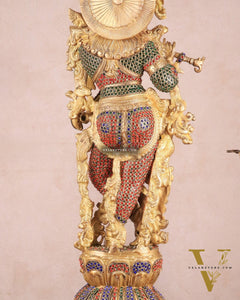 Brass Handcrafted Krishna Statue - 30" jewel work