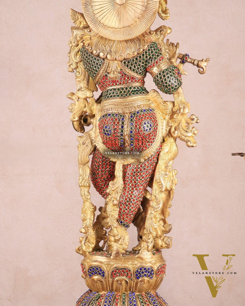 Brass Handcrafted Krishna Statue - 30" jewel work