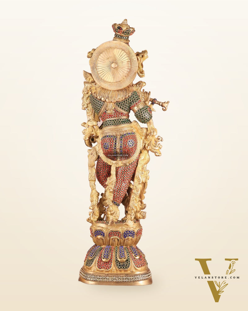 Brass Handcrafted Krishna Statue - 30" jewel work