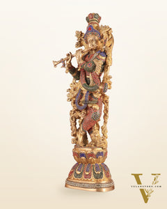 Brass Handcrafted Krishna Statue - 30" jewel work