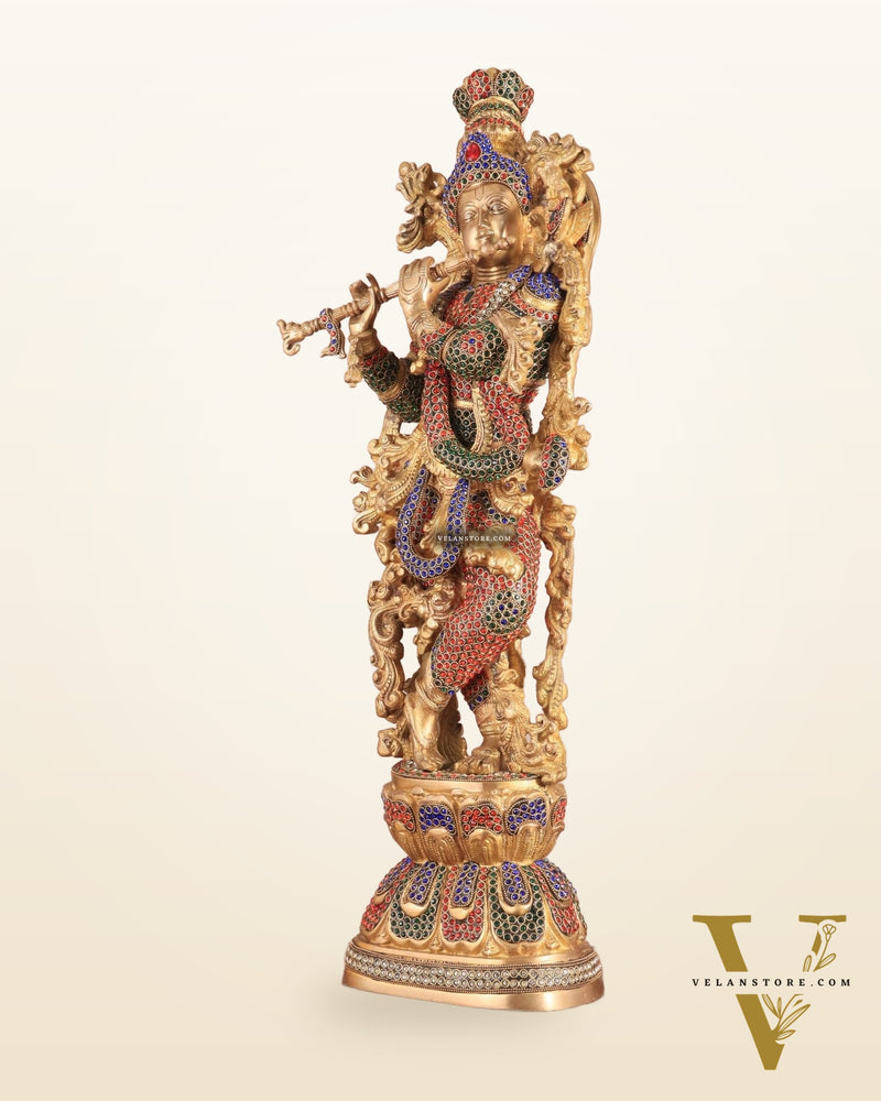 Brass Handcrafted Krishna Statue - 30" jewel work