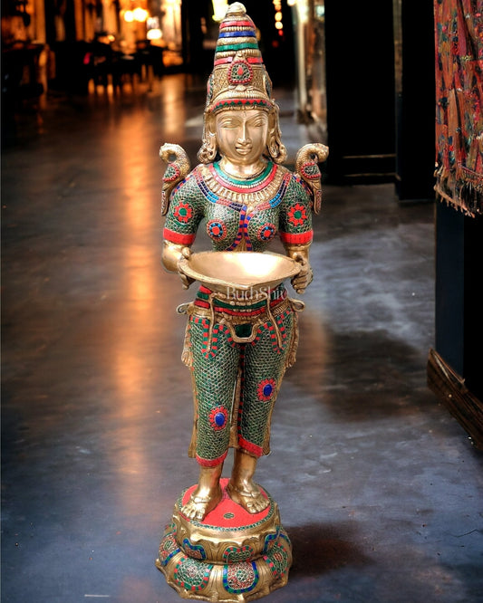 Handcrafted Pavaai Villaku Deep Lady Statue - 45 Inch Fine Brass