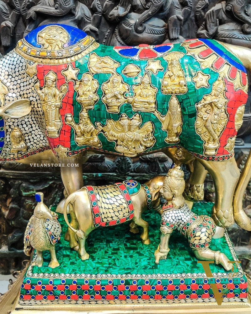 Brass Handcrafted Large-Sized Cow with Calf Engraved with Hindu Deities 20"