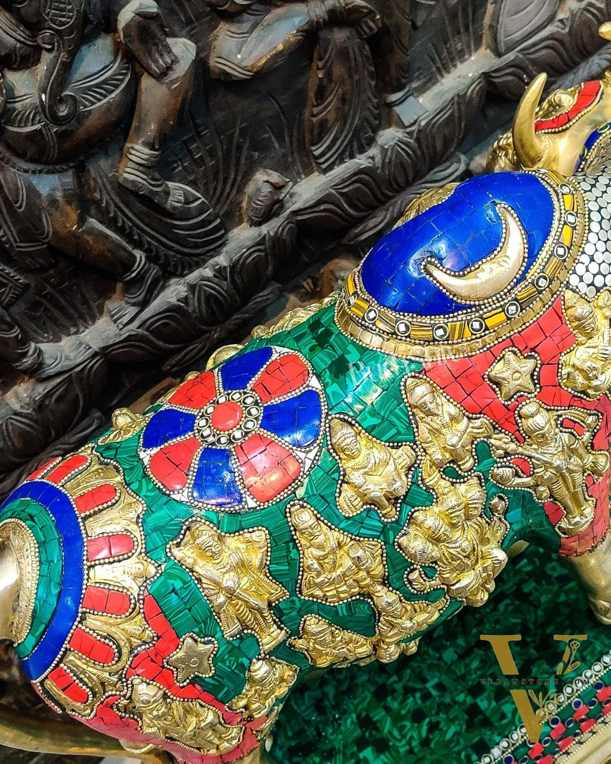 Brass Handcrafted Large-Sized Cow with Calf Engraved with Hindu Deities 20"