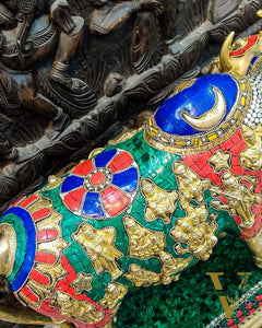 Brass Handcrafted Large-Sized Cow with Calf Engraved with Hindu Deities 20"