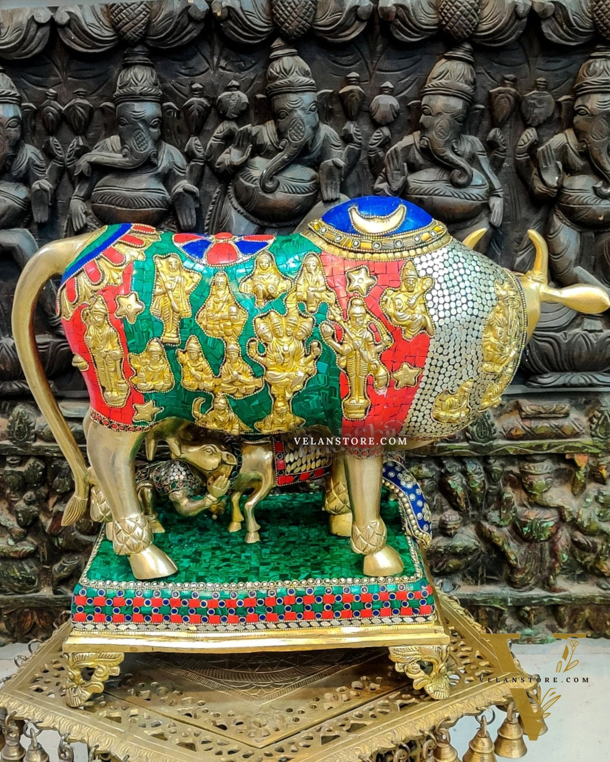 Brass Handcrafted Large-Sized Cow with Calf Engraved with Hindu Deities 20"