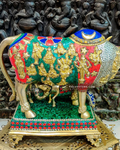 Brass Handcrafted Large-Sized Cow with Calf Engraved with Hindu Deities 20"