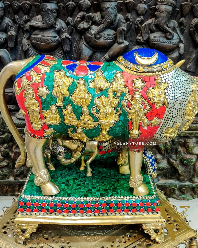 Brass Handcrafted Large-Sized Cow with Calf Engraved with Hindu Deities 20"