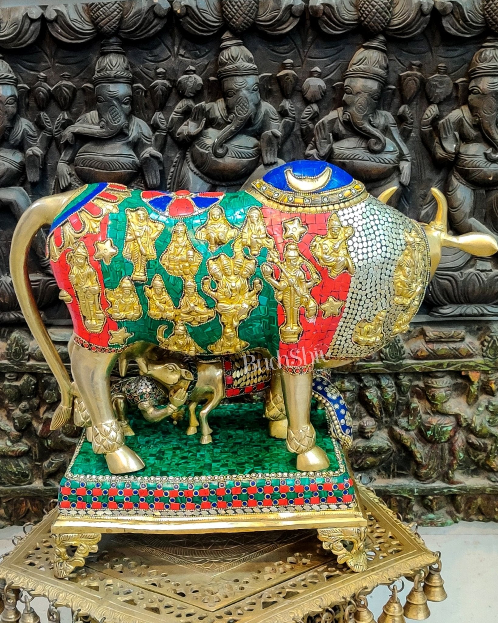 Brass Handcrafted Large-Sized Cow with Calf Engraved with Hindu Deities 20"