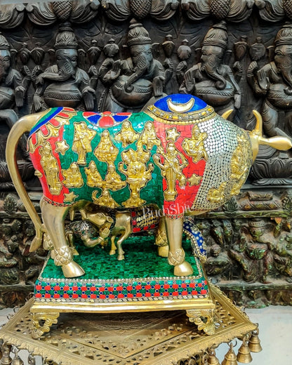 Brass Handcrafted Large-Sized Cow with Calf Engraved with Hindu Deities 20"