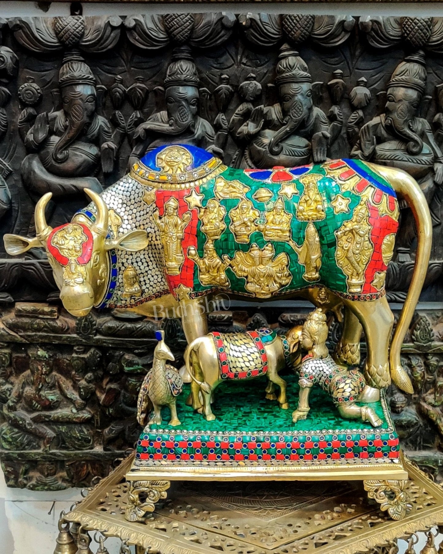 Brass Handcrafted Large-Sized Cow with Calf Engraved with Hindu Deities 20"