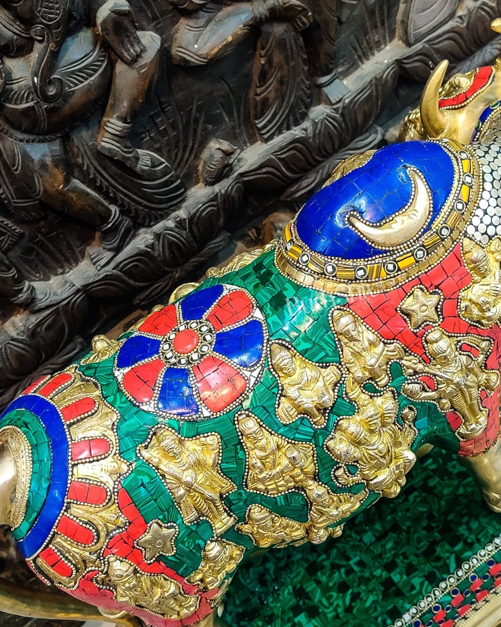 Brass Handcrafted Large-Sized Cow with Calf Engraved with Hindu Deities 20"