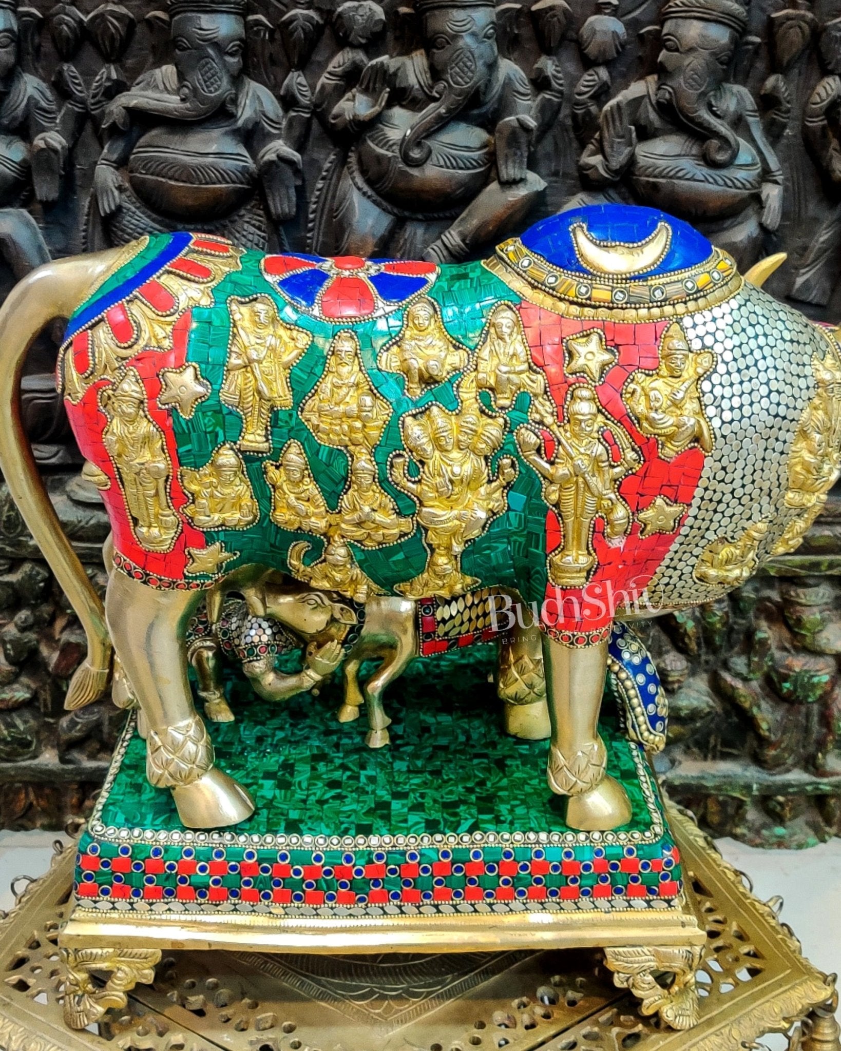 Brass Handcrafted Large-Sized Cow with Calf Engraved with Hindu Deities 20"