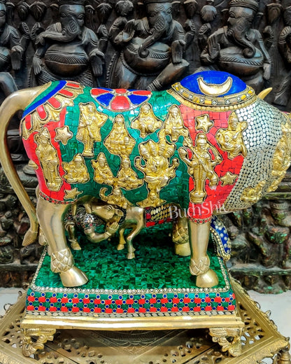 Brass Handcrafted Large-Sized Cow with Calf Engraved with Hindu Deities 20"