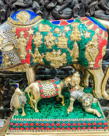 Brass Handcrafted Large-Sized Cow with Calf Engraved with Hindu Deities 20"