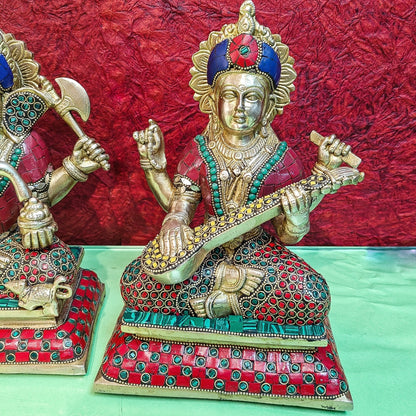 Brass Handcrafted Lord Ganesha, Goddess Lakshmi, and Saraswati idols - Set 10"