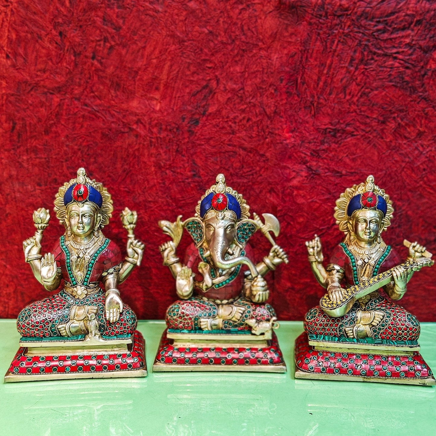 Brass Handcrafted Lord Ganesha, Goddess Lakshmi, and Saraswati idols - Set 10"