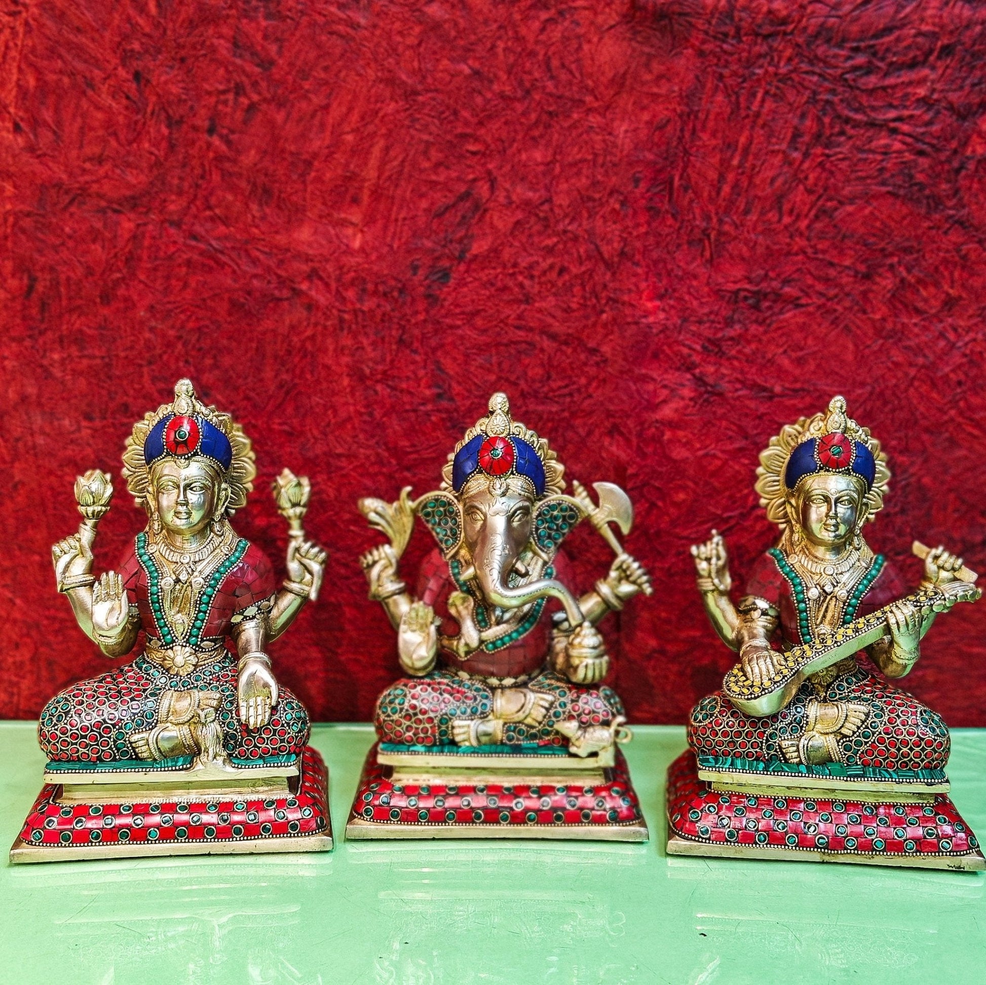 Brass Handcrafted Lord Ganesha, Goddess Lakshmi, and Saraswati idols - Set 10"