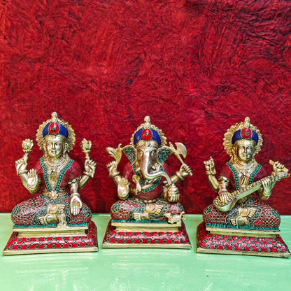 Brass Handcrafted Lord Ganesha, Goddess Lakshmi, and Saraswati idols - Set 10"