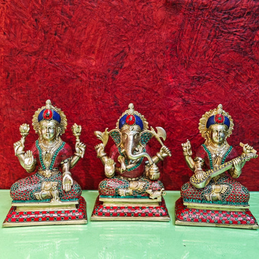 Brass Handcrafted Lord Ganesha, Goddess Lakshmi, and Saraswati idols - Set 10"