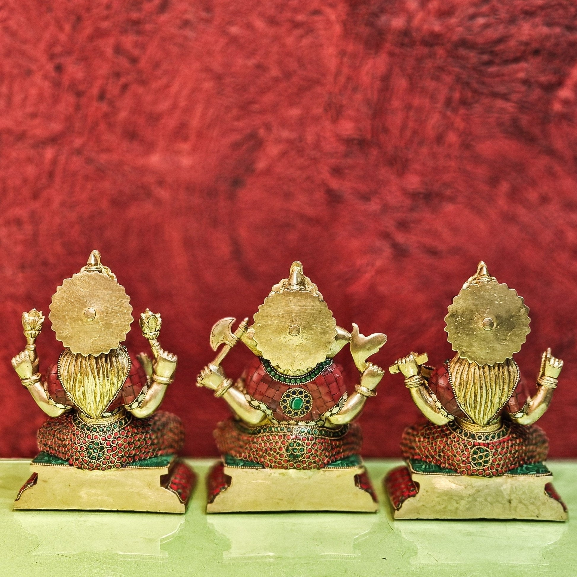 Brass Handcrafted Lord Ganesha, Goddess Lakshmi, and Saraswati idols - Set 10"