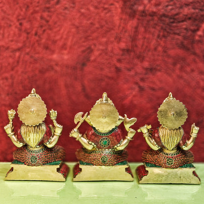 Brass Handcrafted Lord Ganesha, Goddess Lakshmi, and Saraswati idols - Set 10"