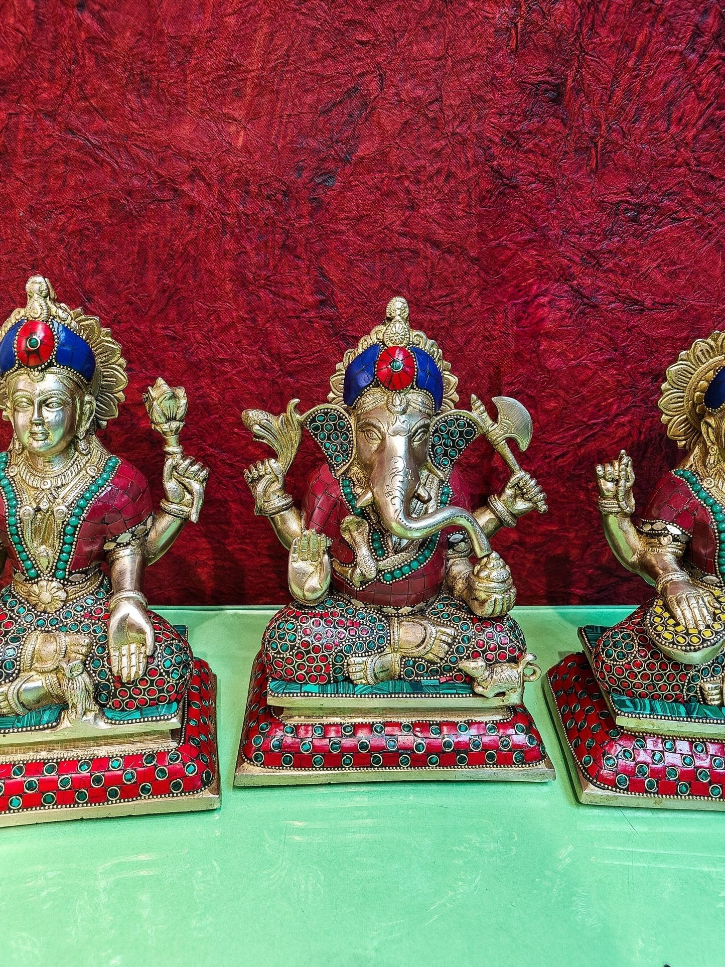 Brass Handcrafted Lord Ganesha, Goddess Lakshmi, and Saraswati idols - Set 10"
