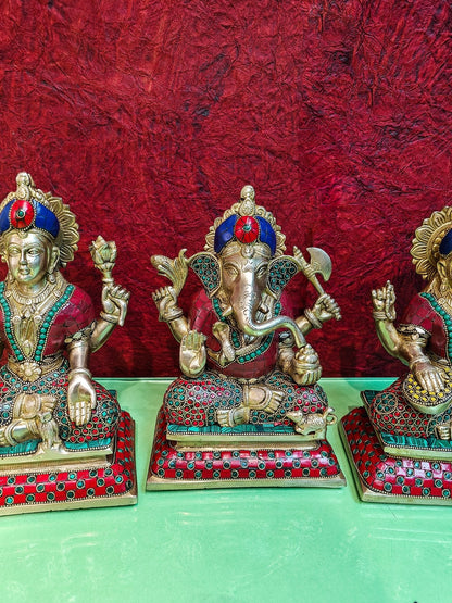 Brass Handcrafted Lord Ganesha, Goddess Lakshmi, and Saraswati idols - Set 10"