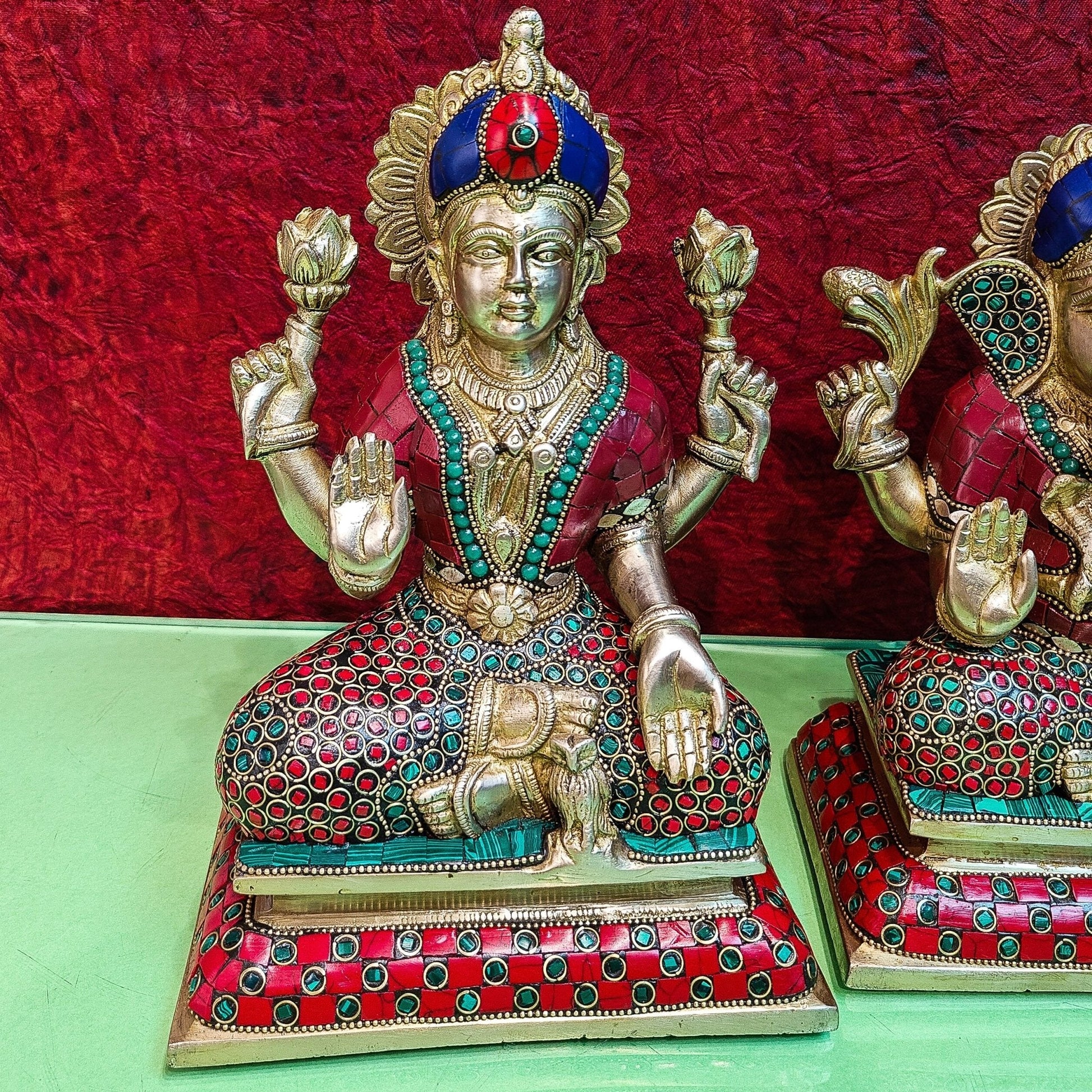 Brass Handcrafted Lord Ganesha, Goddess Lakshmi, and Saraswati idols - Set 10"