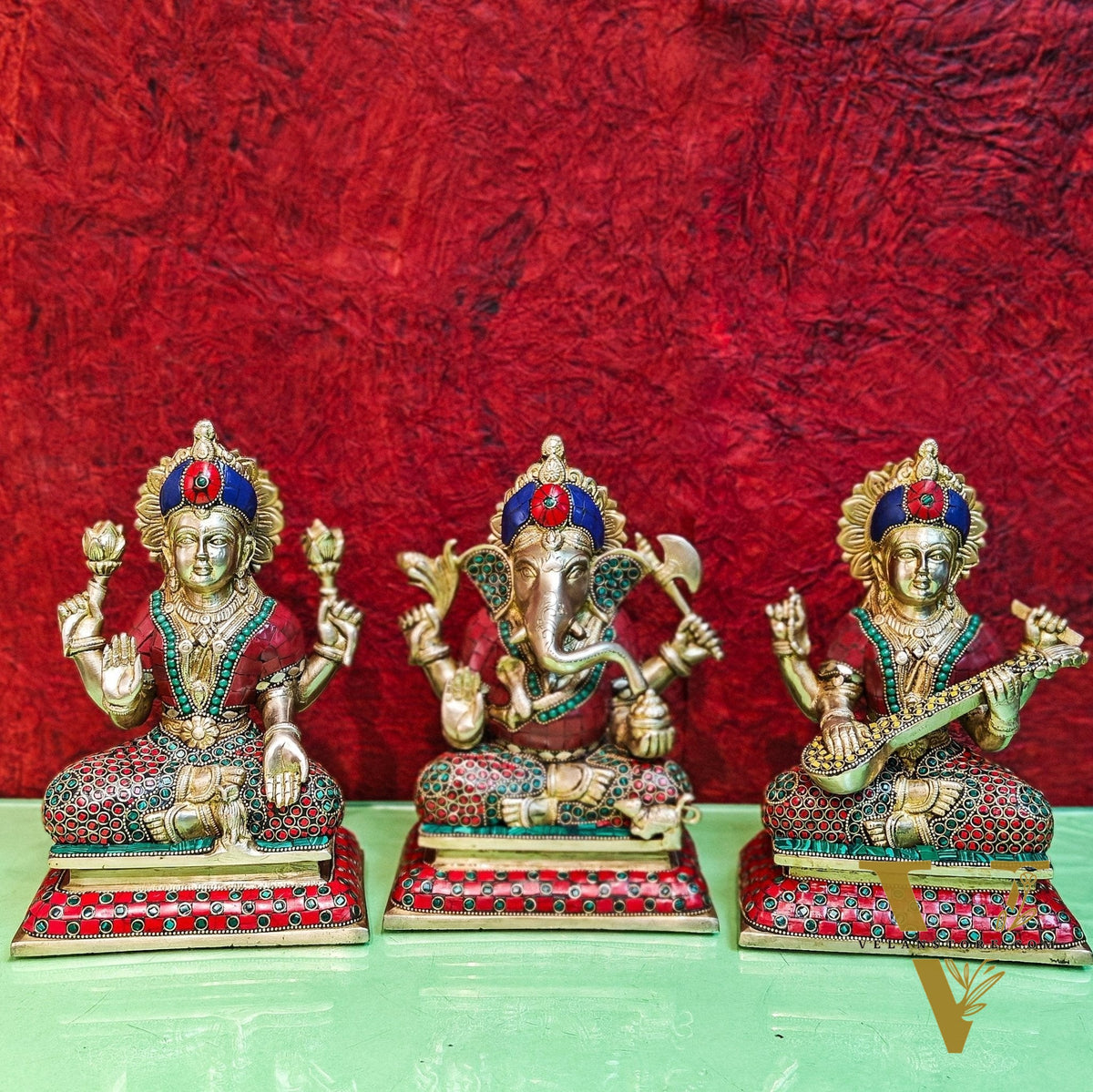 Brass Handcrafted Lord Ganesha, Goddess Lakshmi, and Saraswati idols - Set 10"