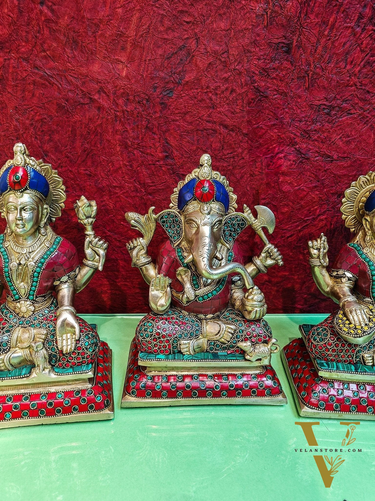 Brass Handcrafted Lord Ganesha, Goddess Lakshmi, and Saraswati idols - Set 10"