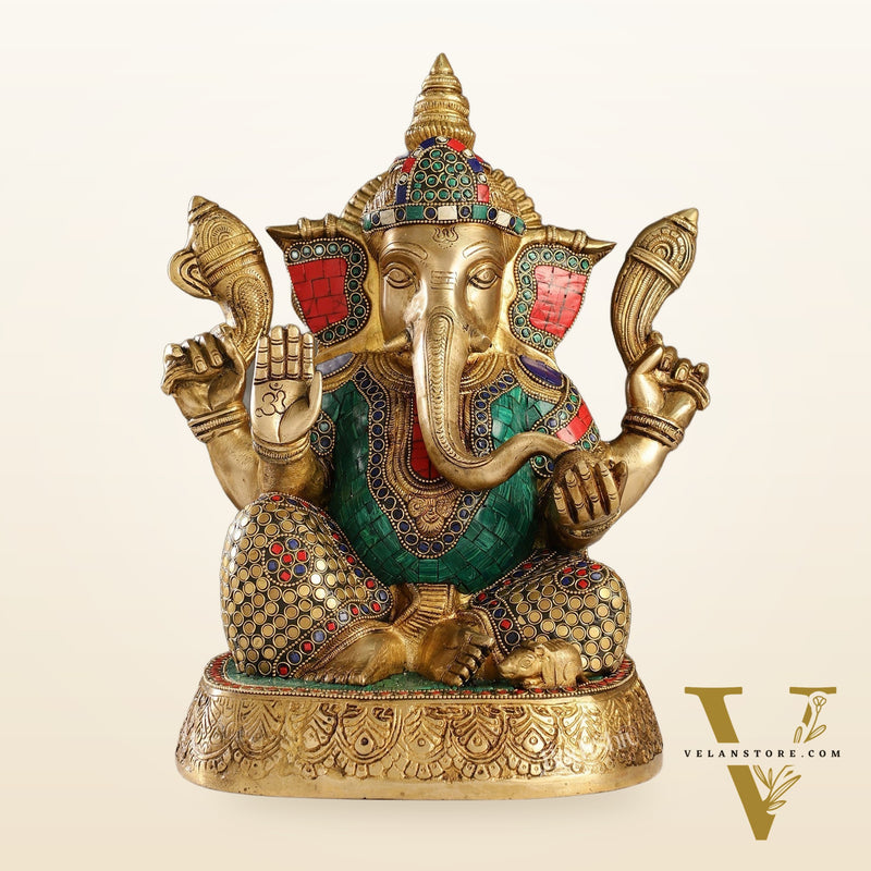 Brass Handcrafted Lord Ganesha Statue with Stonework | 15" Height