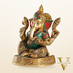 Brass Handcrafted Lord Ganesha Statue with Stonework | 15" Height